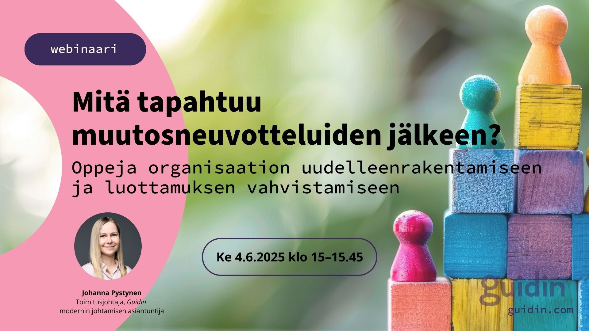 Webinaarin mainoskuva, jossa otsikko, puhujan tiedot, ajankohta ja kuva, jossa palikoita ja pelinappuloita. 