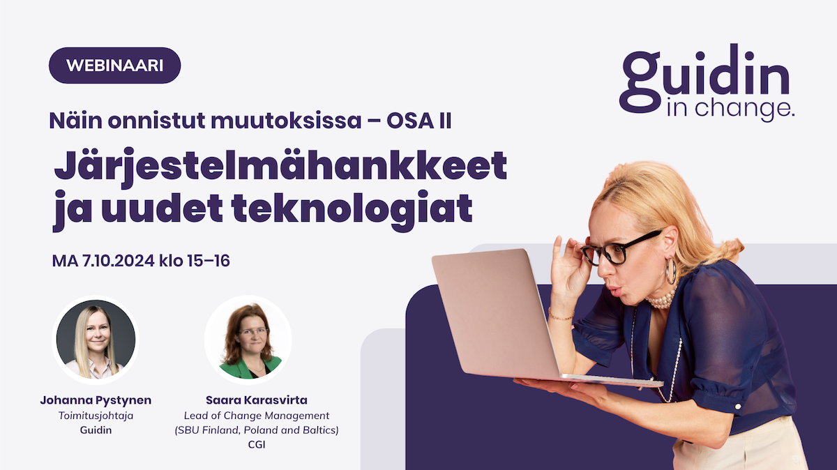 Webinaarin mainos: otsikko, ajankohta, puhujat sekä läppäriä katsova hämmästynyt nainen.
