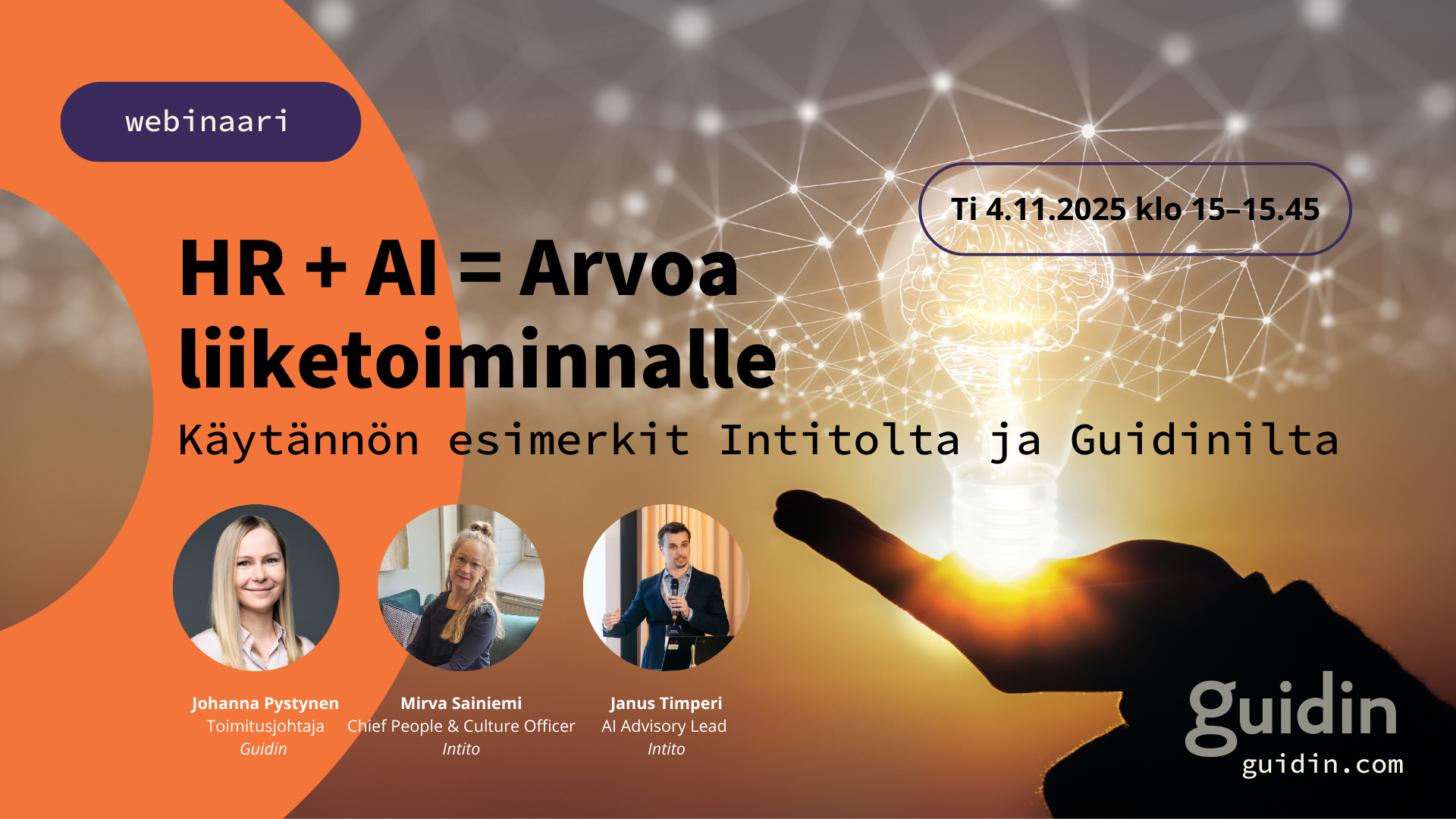 Webinaarin mainoskuva, jossa taustalla hehkulamppua pitelevä käsi.