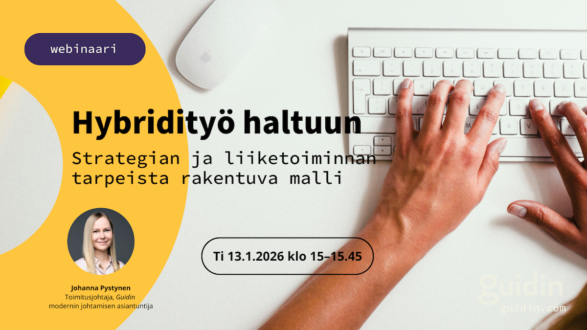 Webinaarin mainos: Hybridityö haltuun. Kädet näppäimistöllä kuvituksessa.