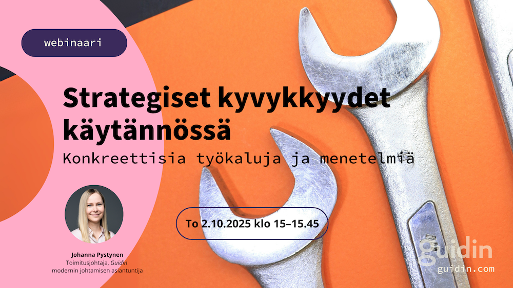 Webinaarin mainos: Strategiset kyvykkyydet käytännössä. Kuvituksena työkaluja kuvaten jakoavaimia.