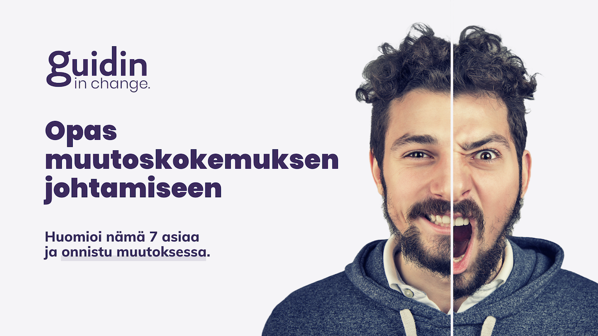 Oppaan kansikuva, jossa oppaan otsikko, Guidinin logo sekä kasvokuva miehestä, jonka kasvojen toinen puoli on iloisen neutraalin hymyilevä, toinen puoli kauhistuneen huutava.