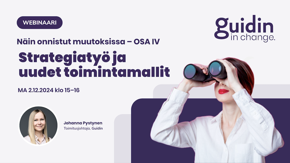 Webinaarin mainos, jossa otsikko, aika, puhujat sekä kuvituksena kiikareilla tähyilevä nainen.