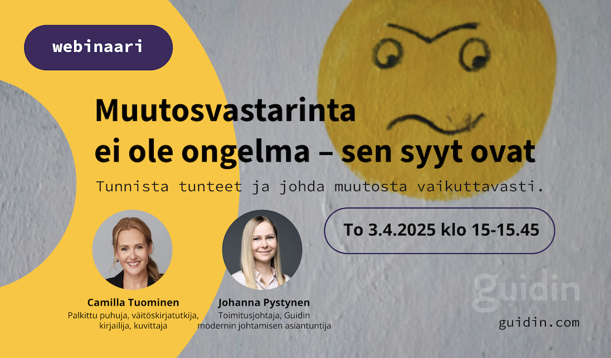Webinaarin mainoskuva, jossa webinaarin otsikko, ajankohta sekä kuvat puhujista Camilla Tuominen ja Johanna Pystynen.