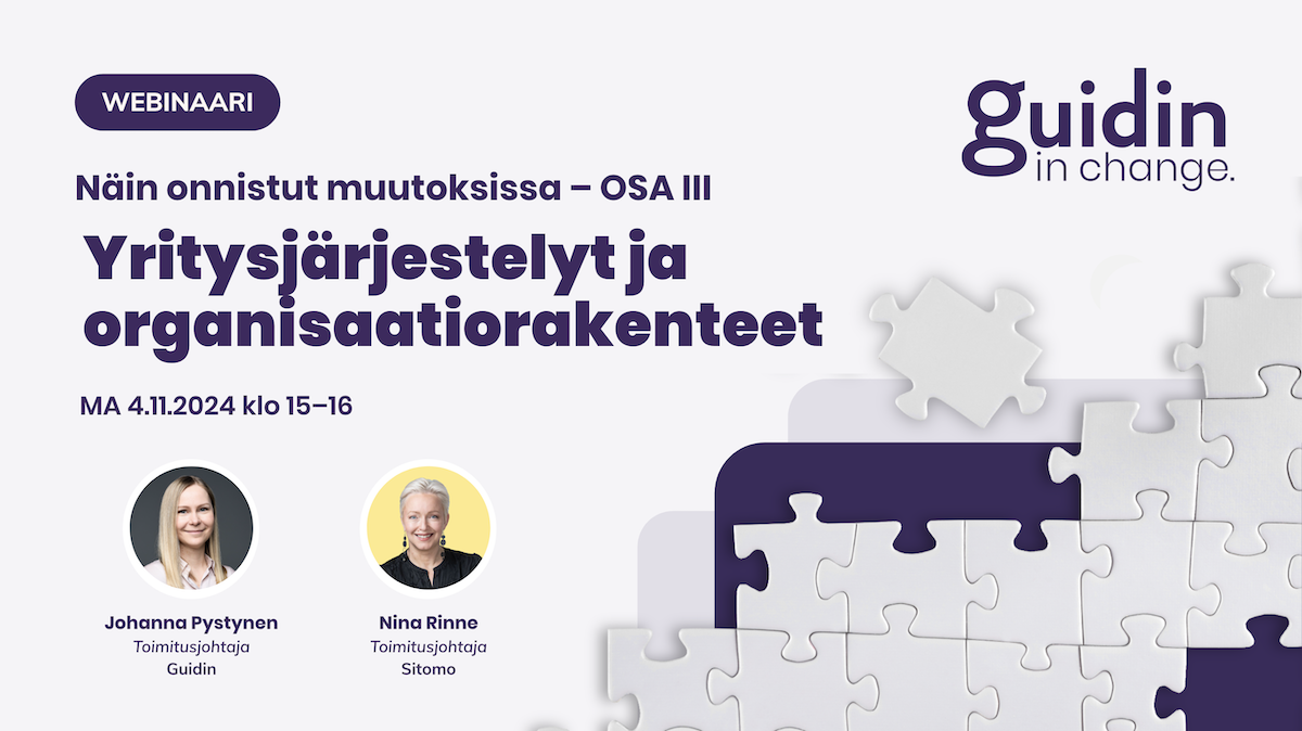 Webinaarin mainoskuva, jossa otsikko, aika, puhujat ja kuvituksena palapelin paloja.